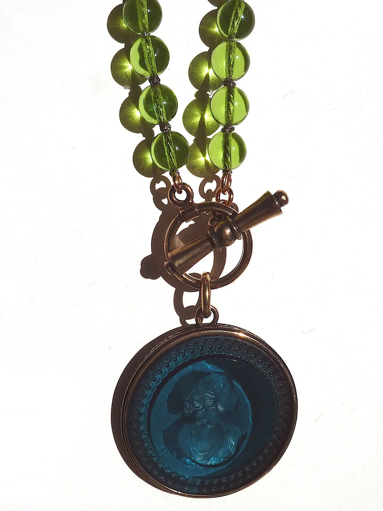 Necklace Intaglio On 30 Inch Glass Bead Deep Green Turquoise