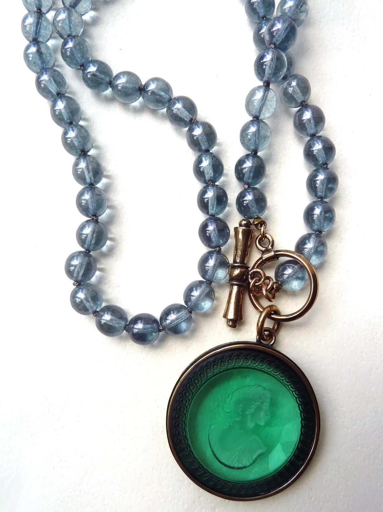 Necklace Intaglio On 30 Inch Glass Bead Deep Green Turquoise