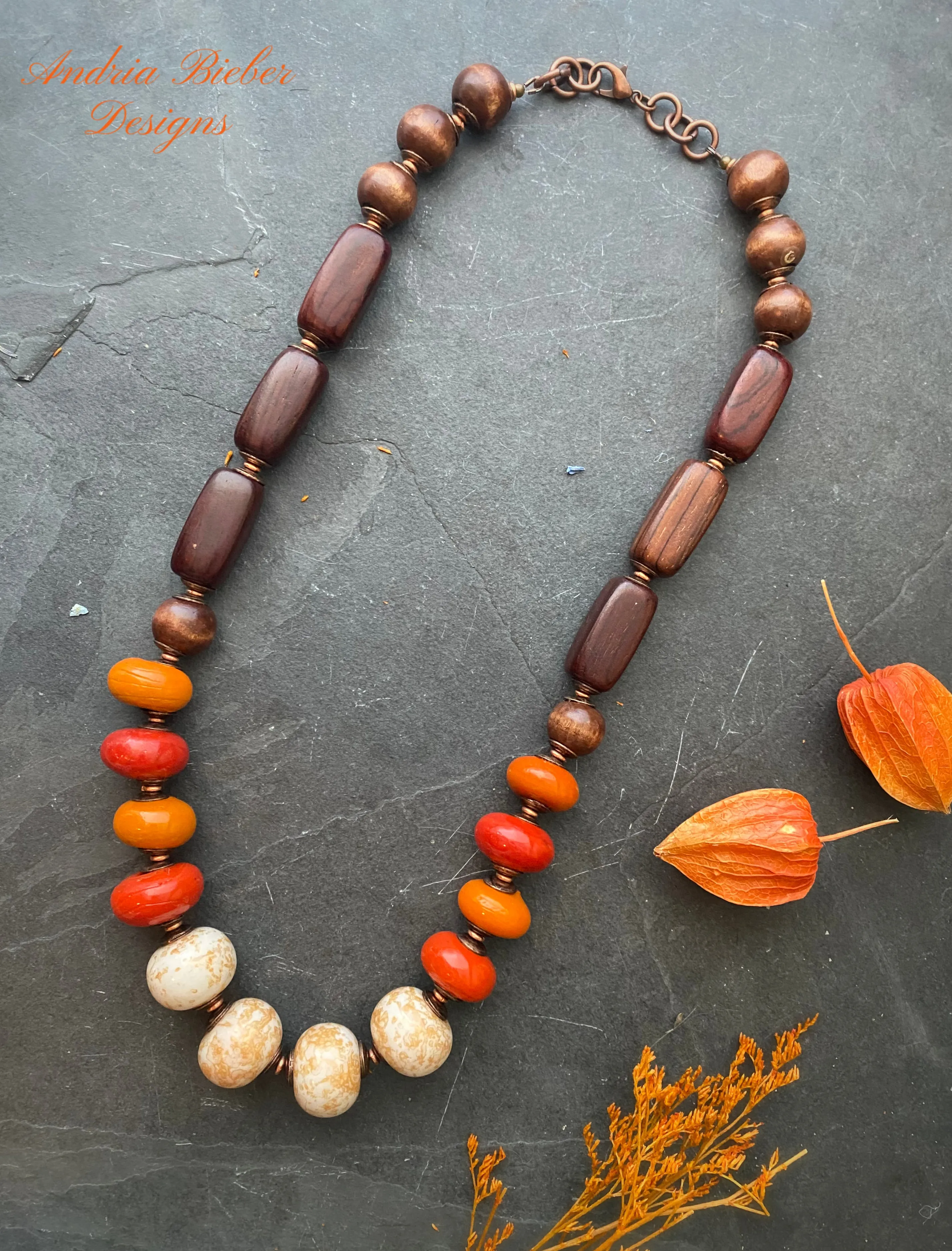 Orange enamel beads, cream ceramic beads, wood, copper metal, necklace, jewelry