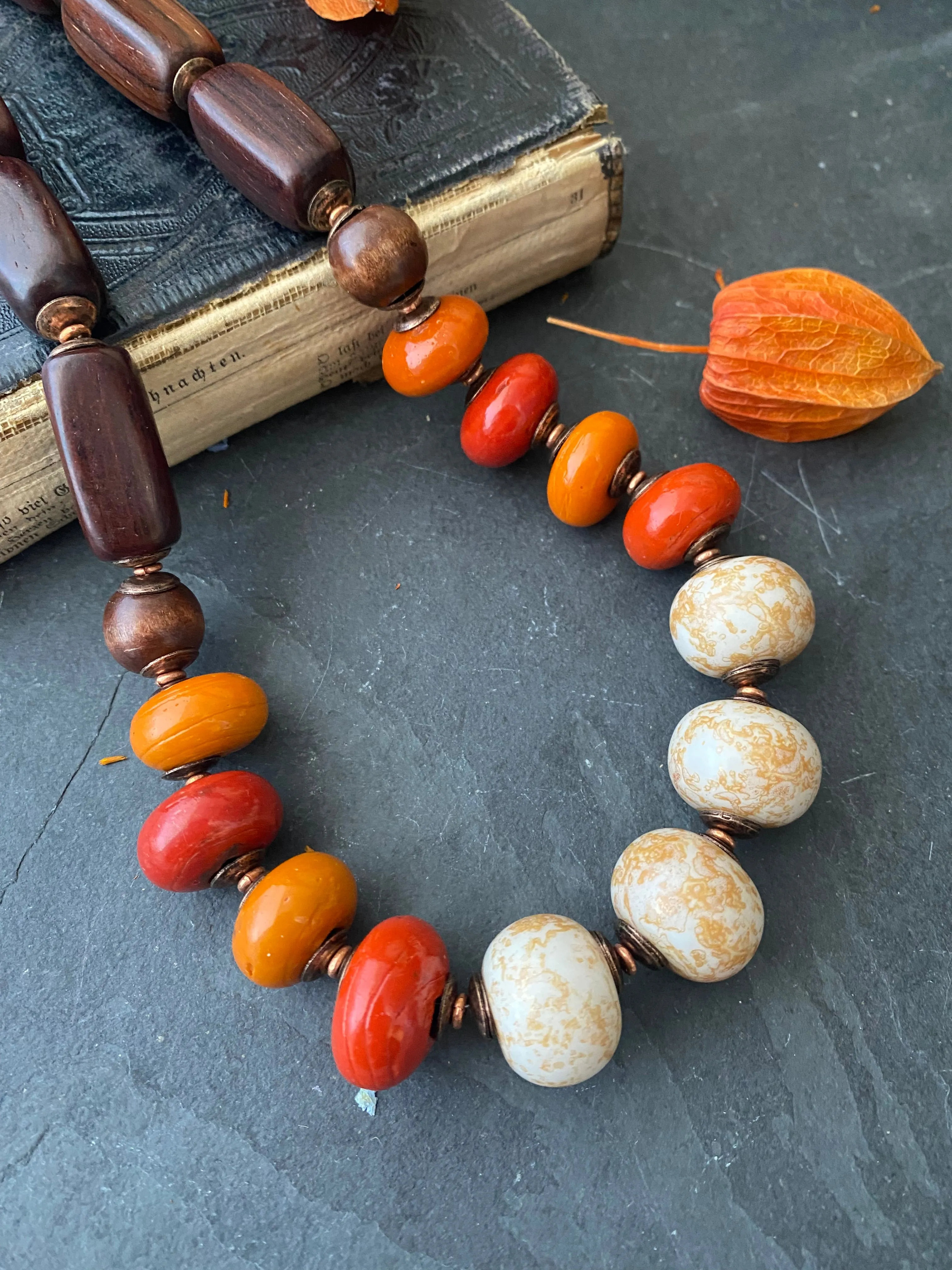 Orange enamel beads, cream ceramic beads, wood, copper metal, necklace, jewelry