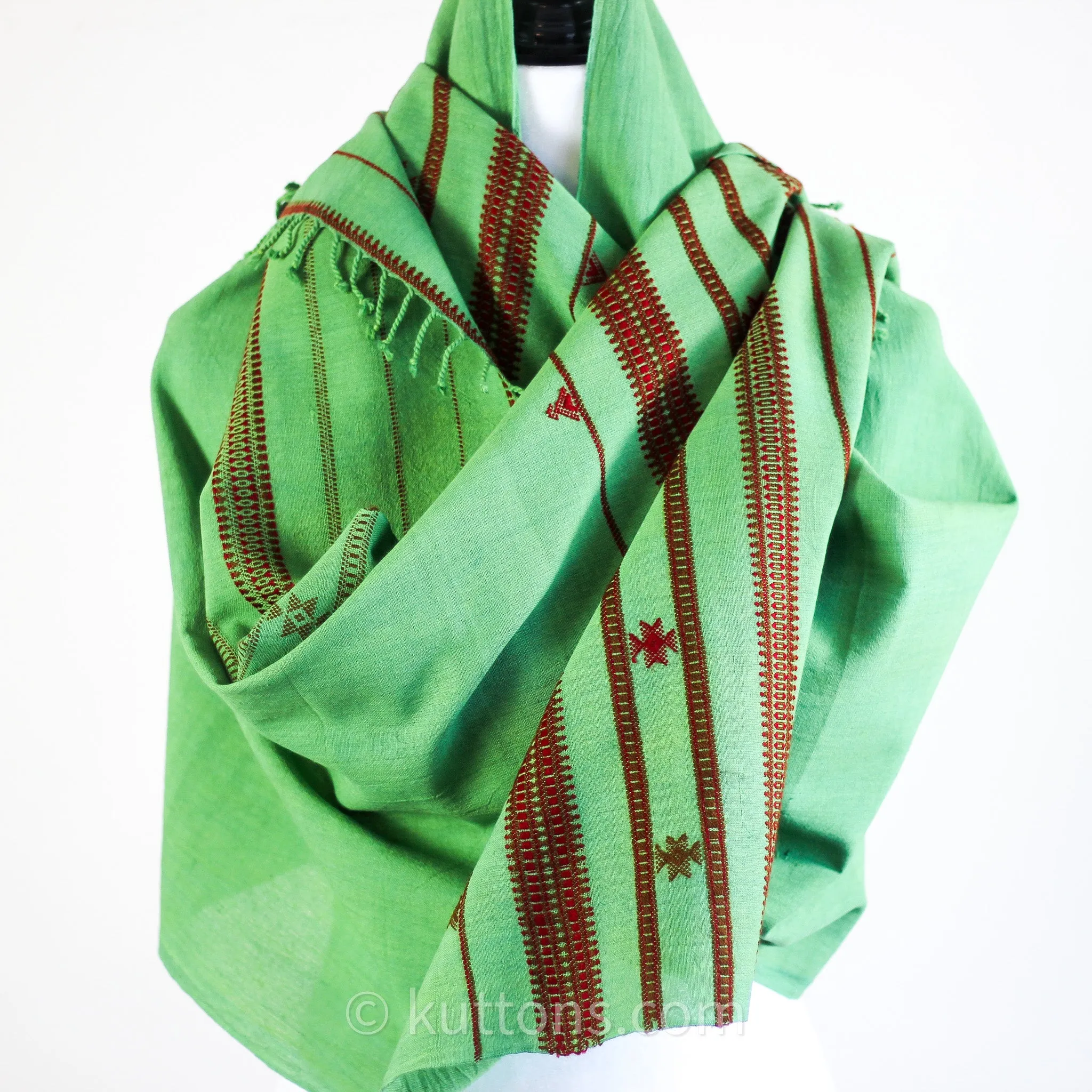 Organic Cotton Scarf - Handwoven Kala Cotton Wrap with Tassels | Green, 22x73"