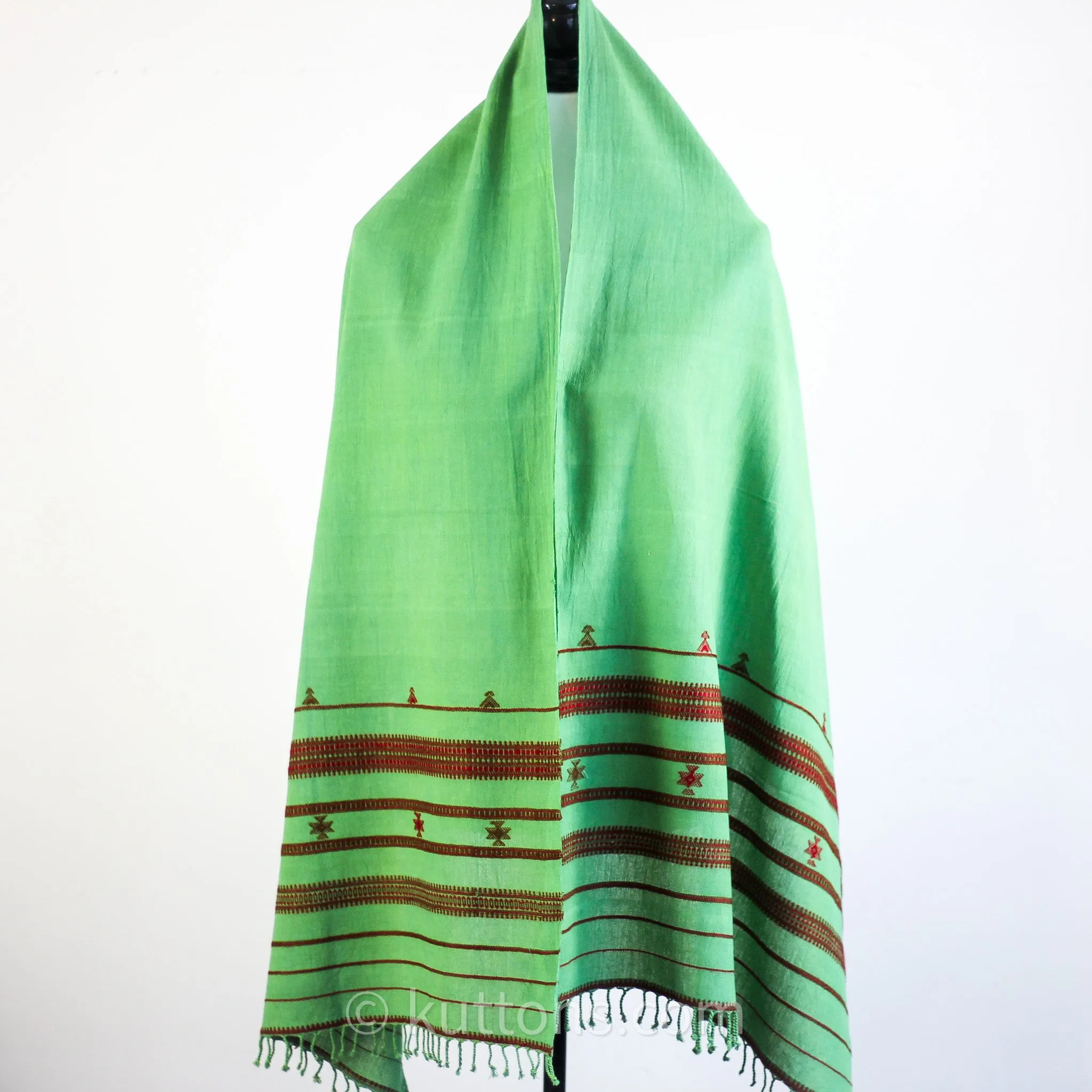 Organic Cotton Scarf - Handwoven Kala Cotton Wrap with Tassels | Green, 22x73"