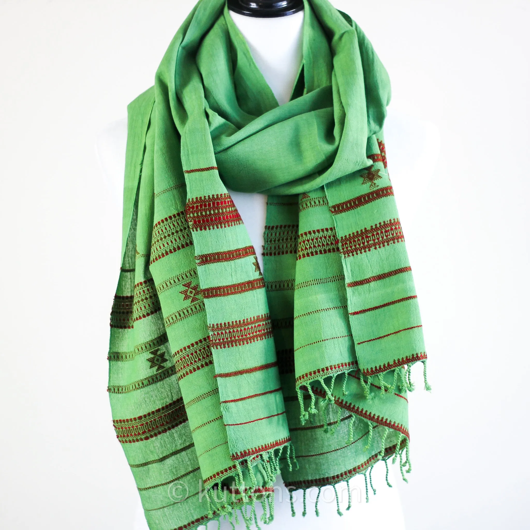 Organic Cotton Scarf - Handwoven Kala Cotton Wrap with Tassels | Green, 22x73"