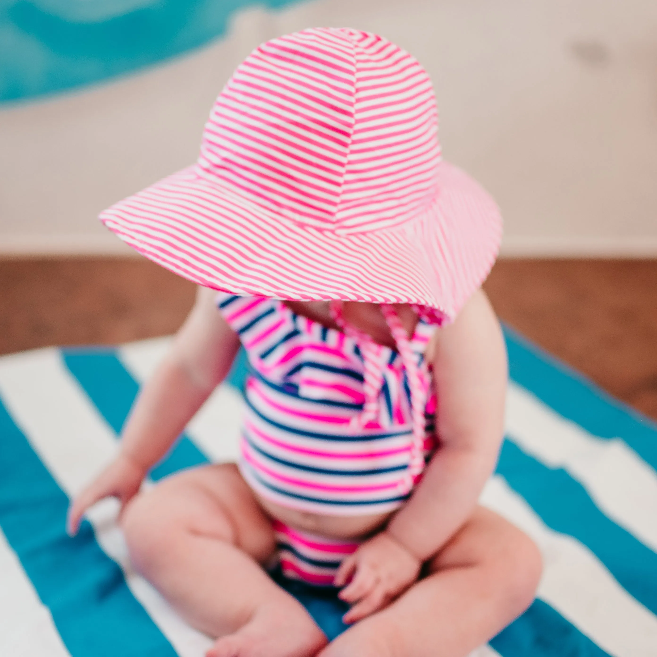 Personalized Preppy Bright Pink and White Striped Wide Brim Baby Girl Sun Hat - Newborn Hat Infant Summer Hat