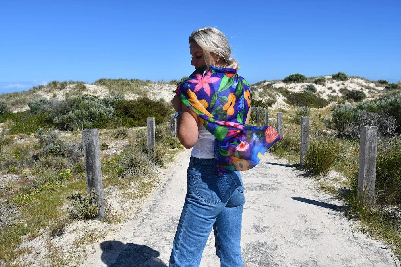 Silk Scarf - Indigo Flowers