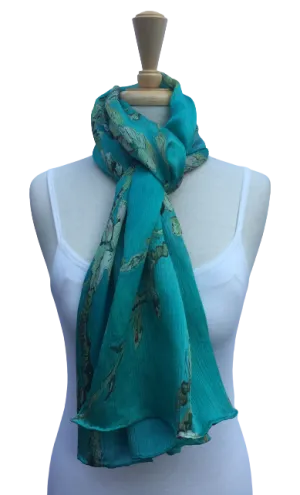 SPFA-21 - Teal scarf with print of Van Gogh cherry blossom branches