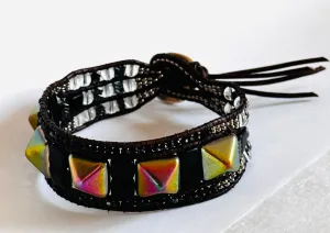 Stud Leather Bracelet, Leather Cuff Wrap Gemstone Bracelet-Power Bracelet