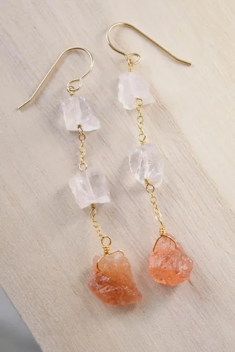 SUNSTONE AND QUARTZ GOLD EARRINGS