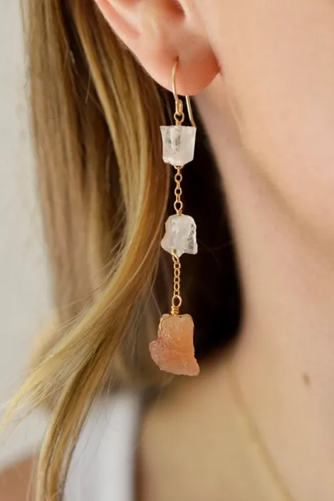 SUNSTONE AND QUARTZ GOLD EARRINGS