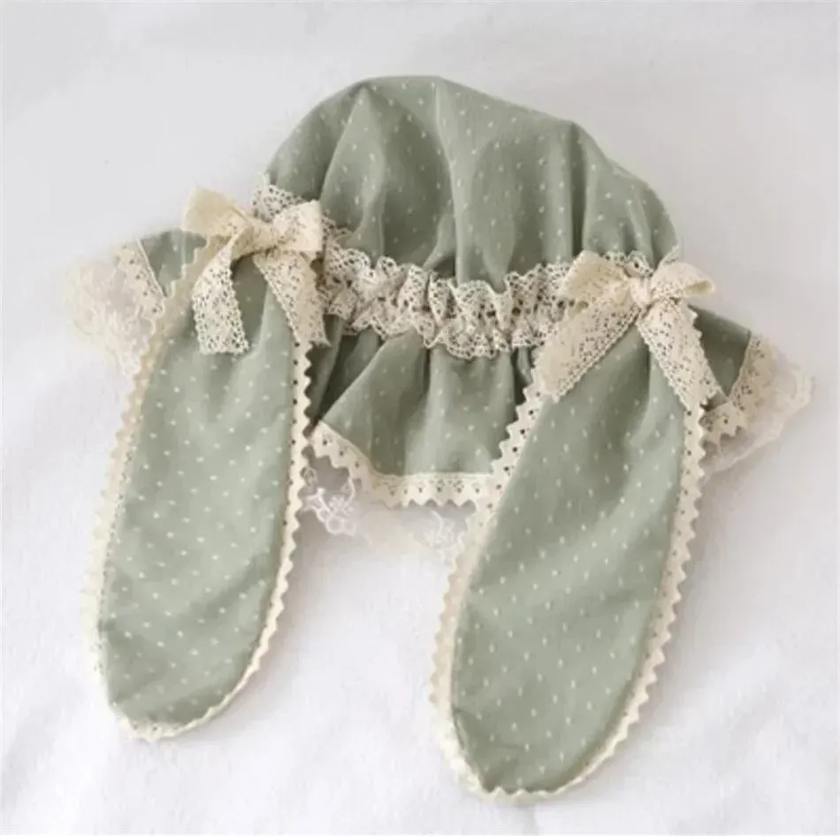 Sweet Lolita Summer Beanies Lovely Rabbit Ear Dotted Beach Wide Lace Brim Sun Hat w. Bow