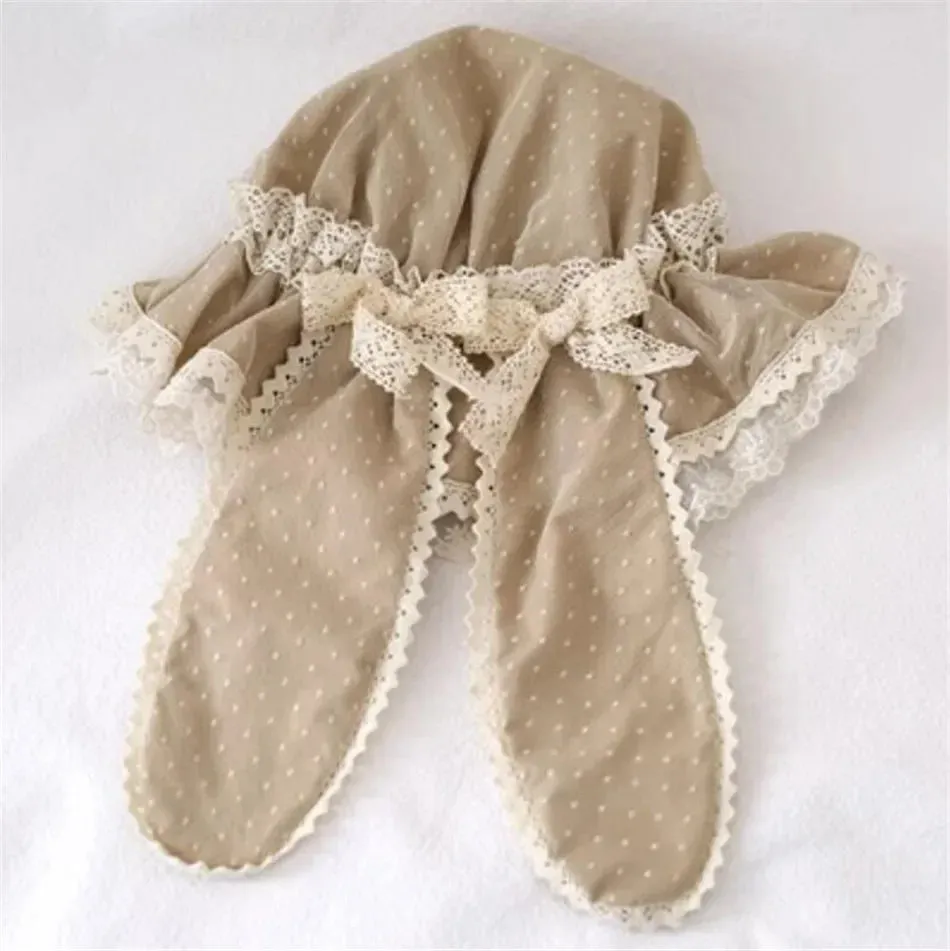 Sweet Lolita Summer Beanies Lovely Rabbit Ear Dotted Beach Wide Lace Brim Sun Hat w. Bow