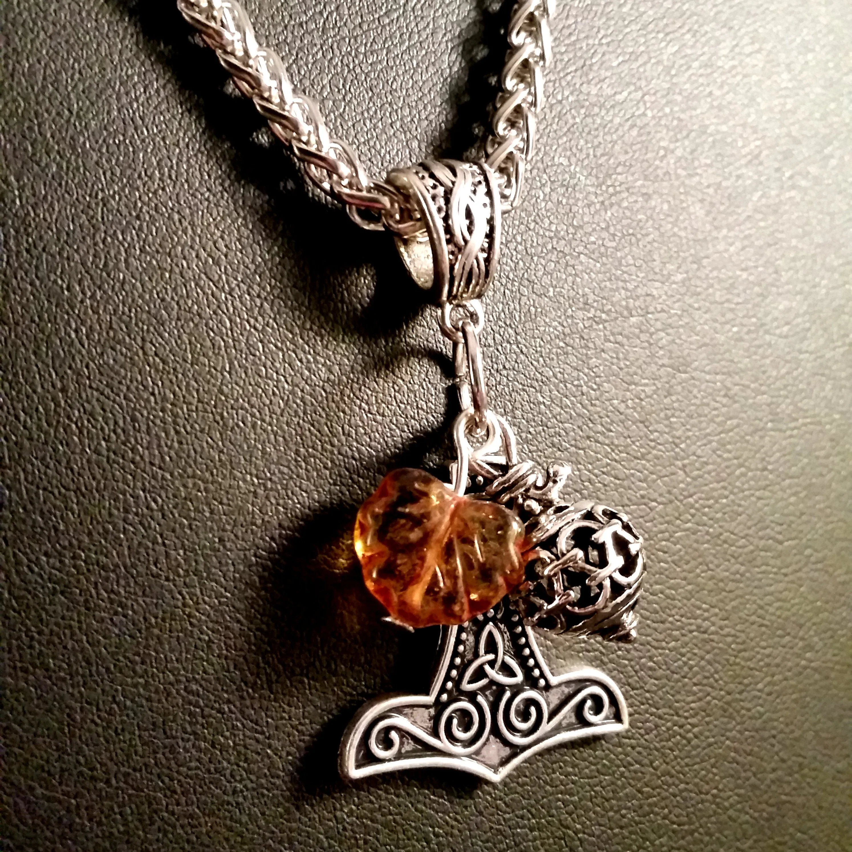 Thor's Hammer Necklace Silver Amber Leaf Norse Viking Style