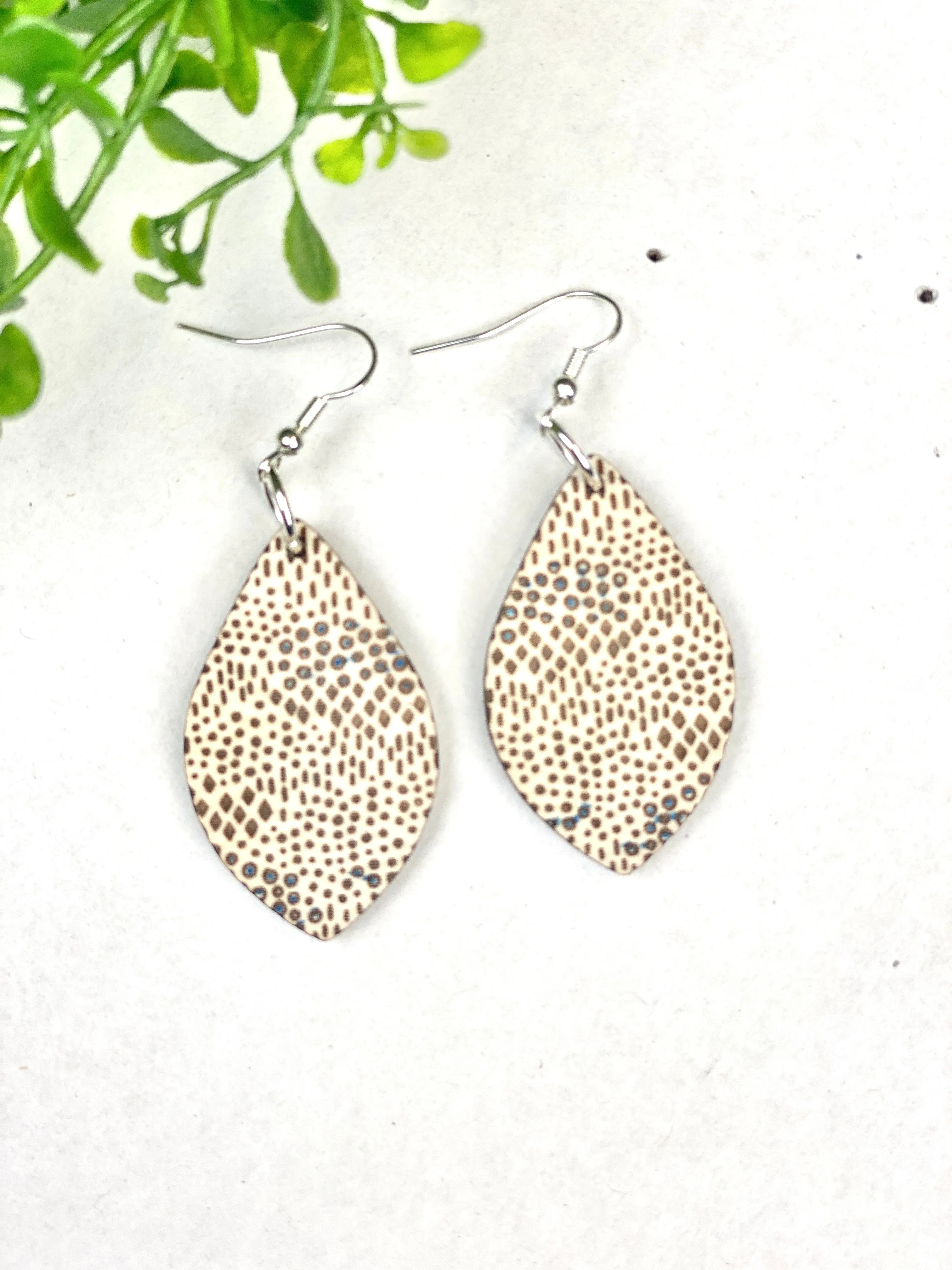 Upside Down Teardrop Leopard Dot Wood Earring Birch