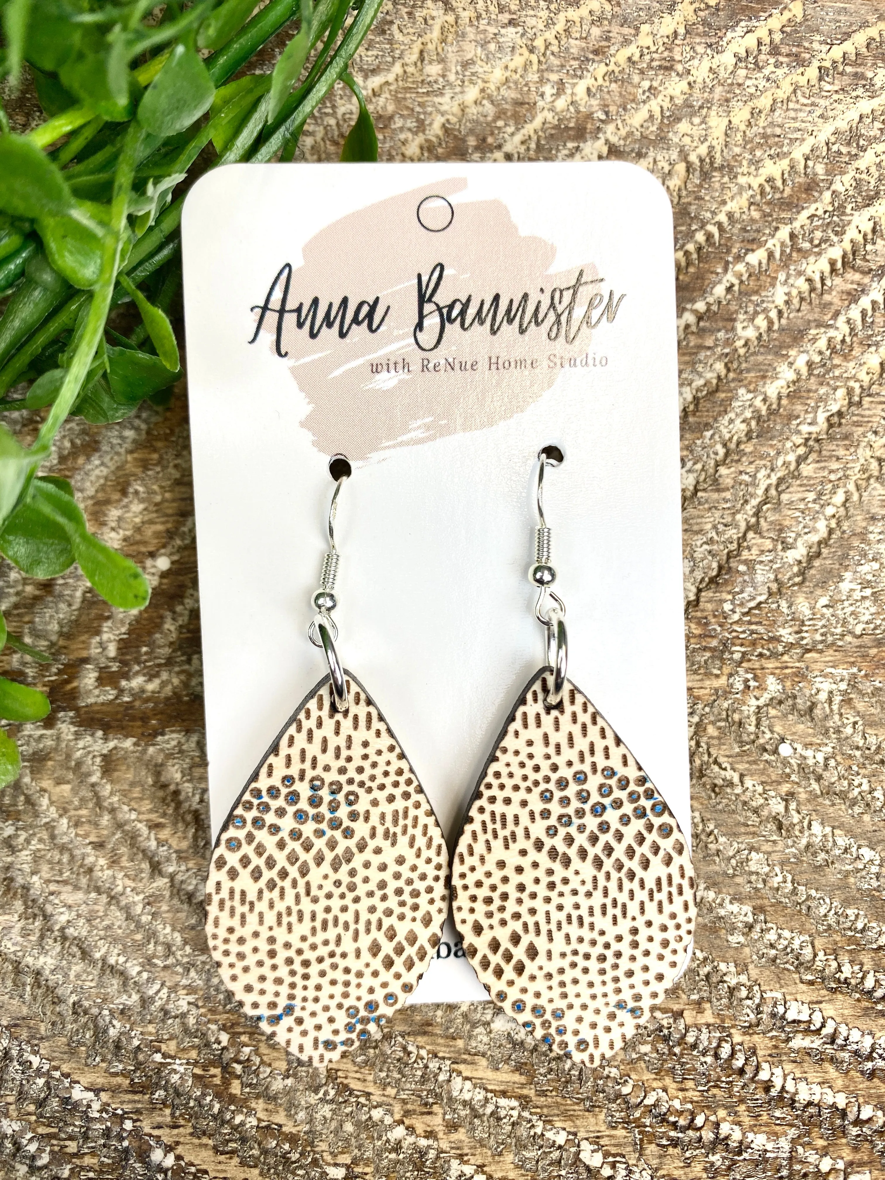 Upside Down Teardrop Leopard Dot Wood Earring Birch