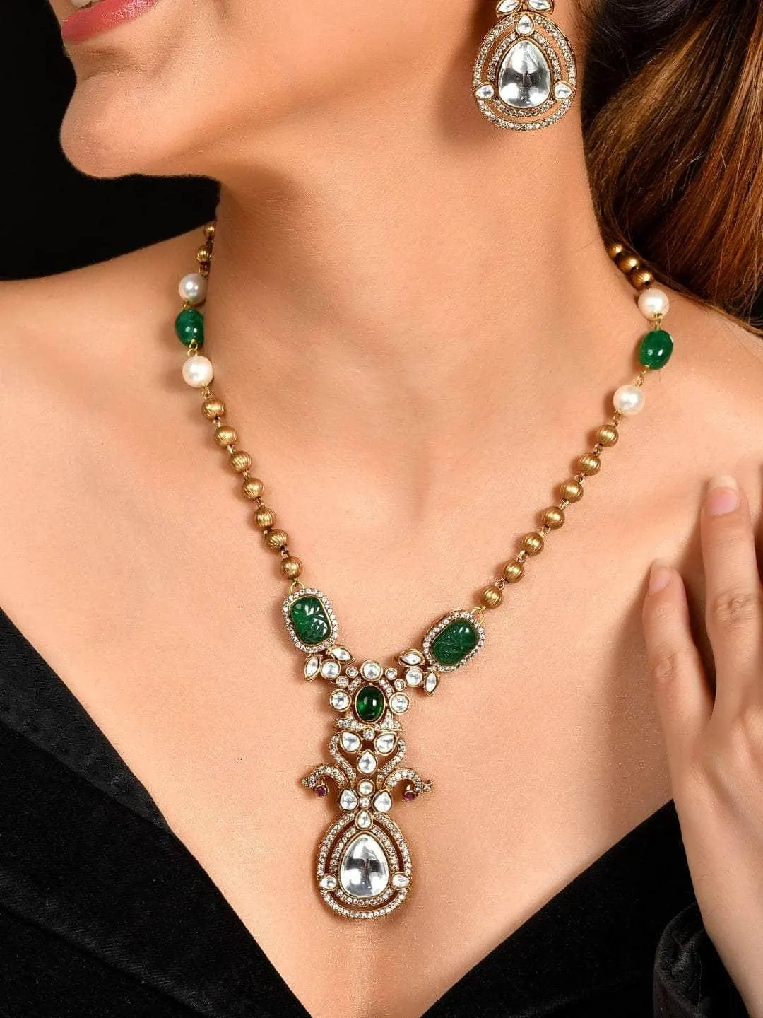 Victorian Long Polki Necklace Set Green