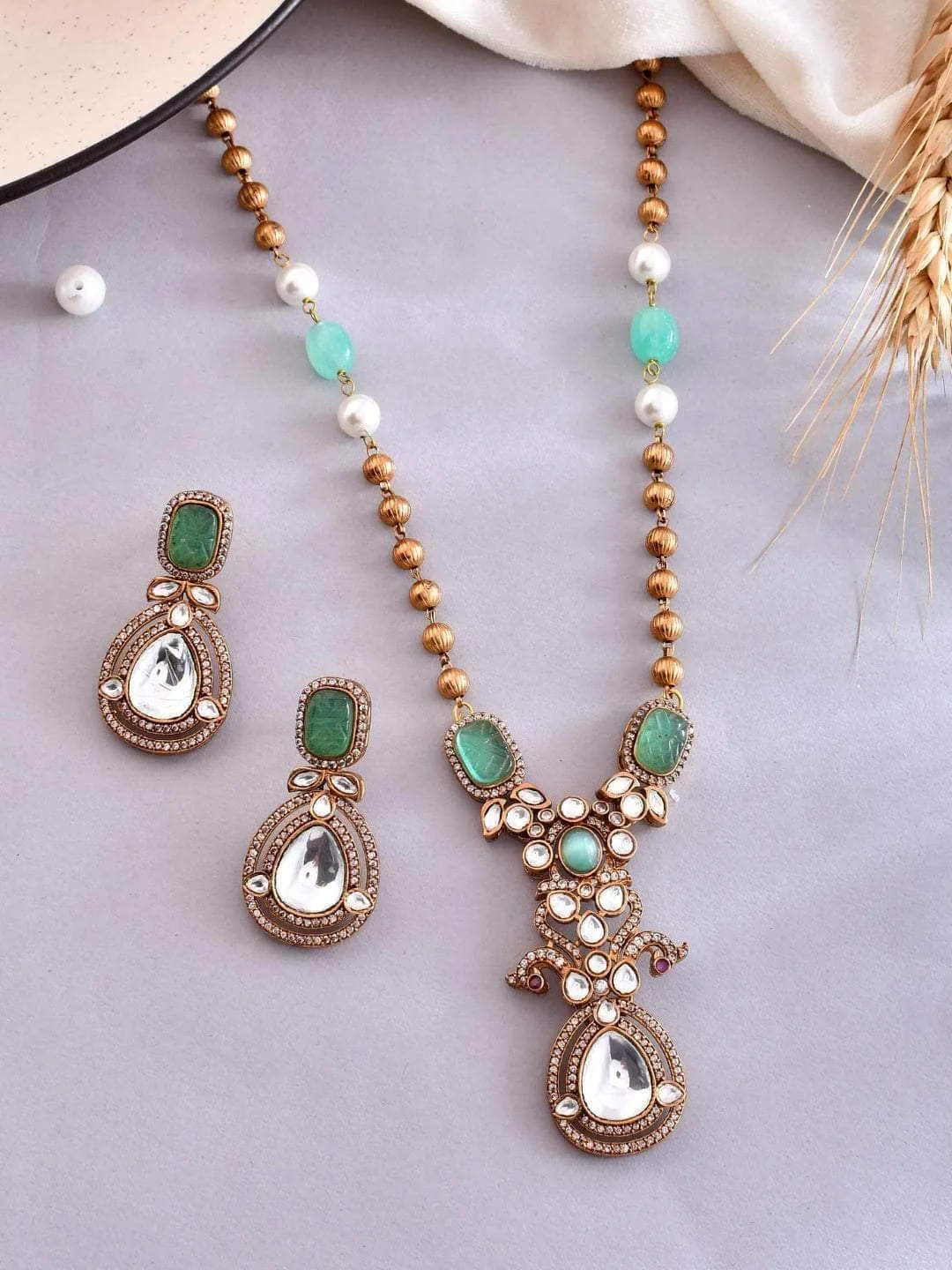 Victorian Long Polki Necklace Set Turquoise