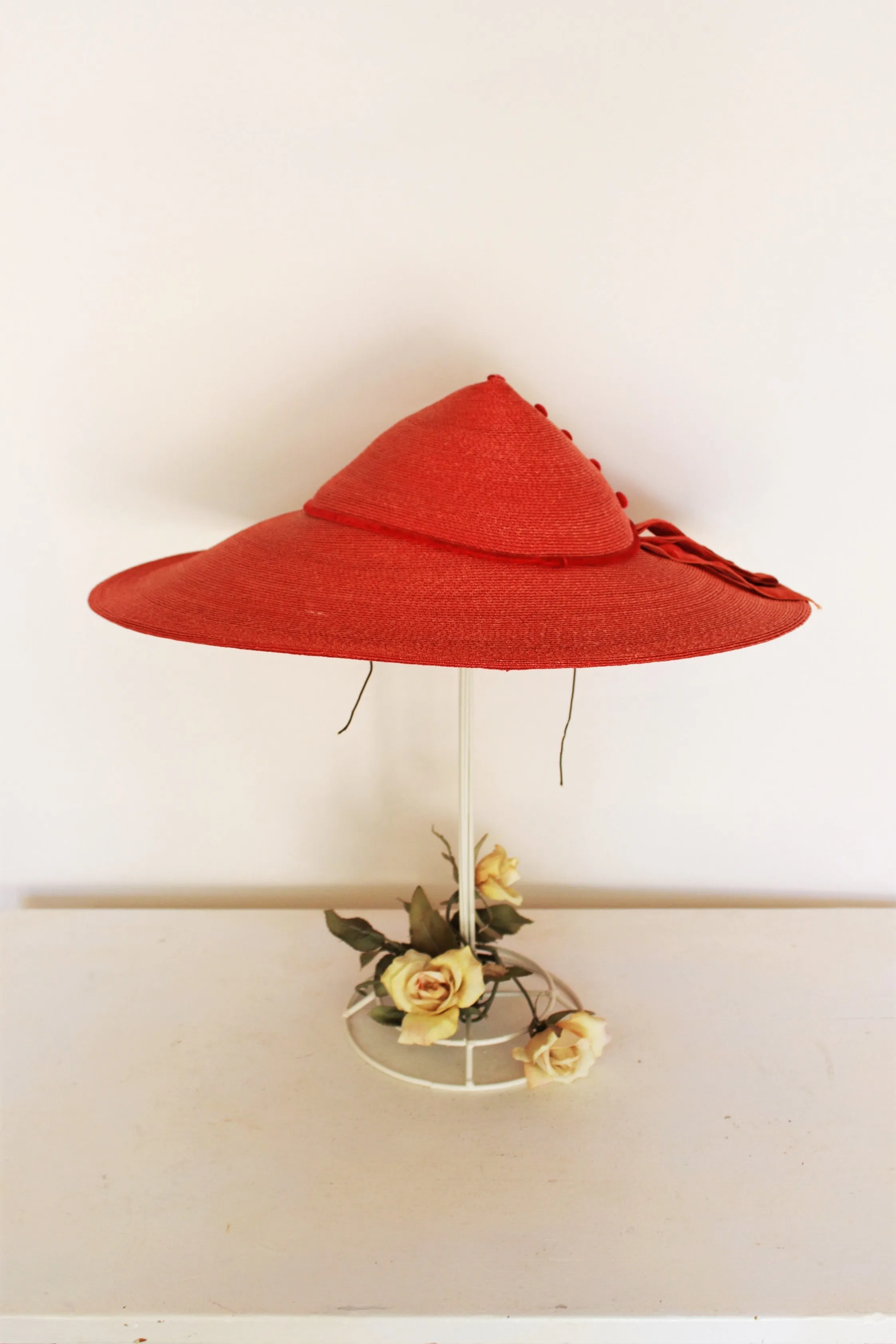 Vintage 1950s Wide Brimmed Red Straw Hat