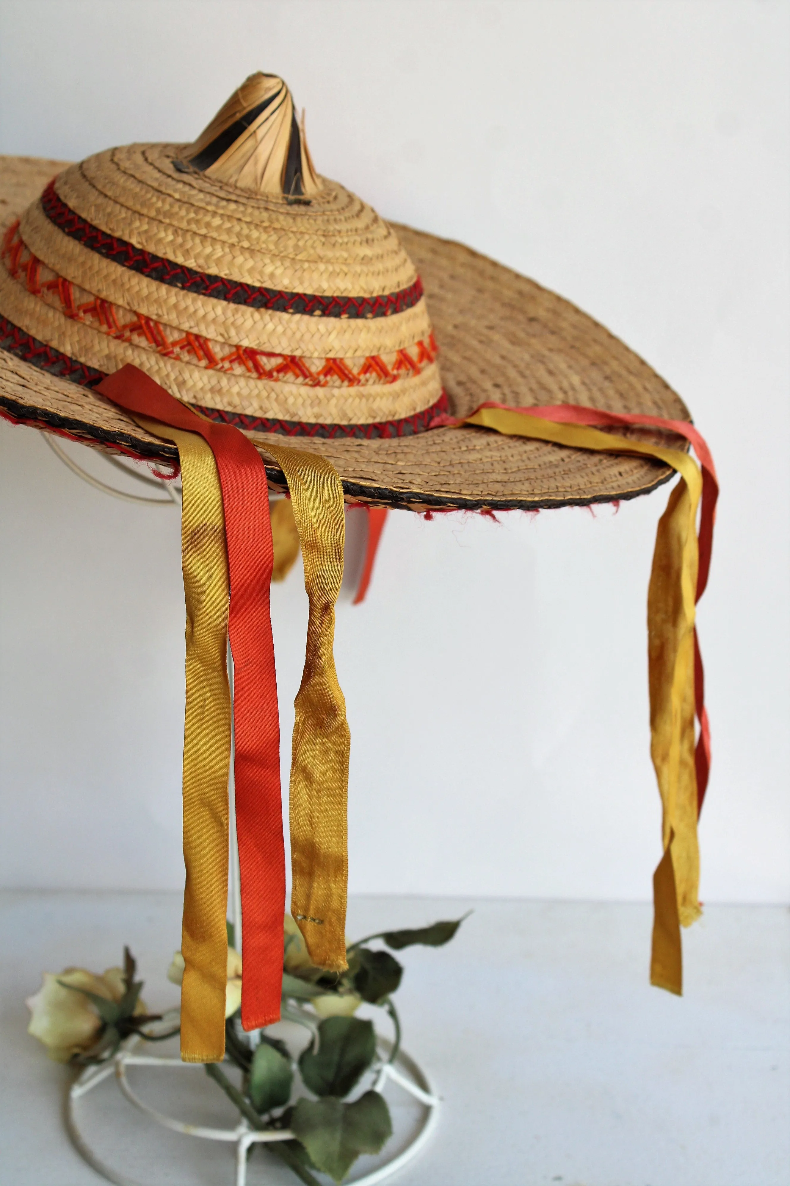 Vintage 1950s Woven Asian Conical Straw Hat