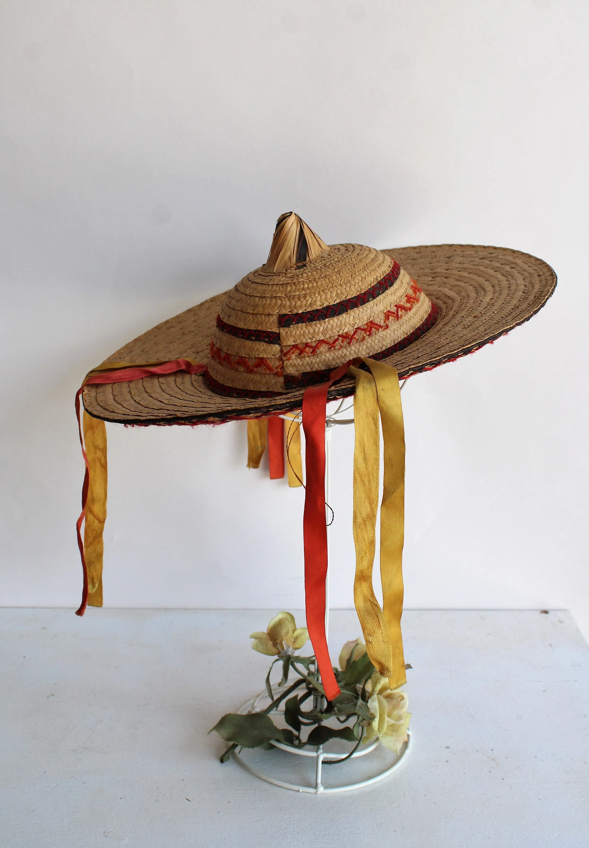 Vintage 1950s Woven Asian Conical Straw Hat