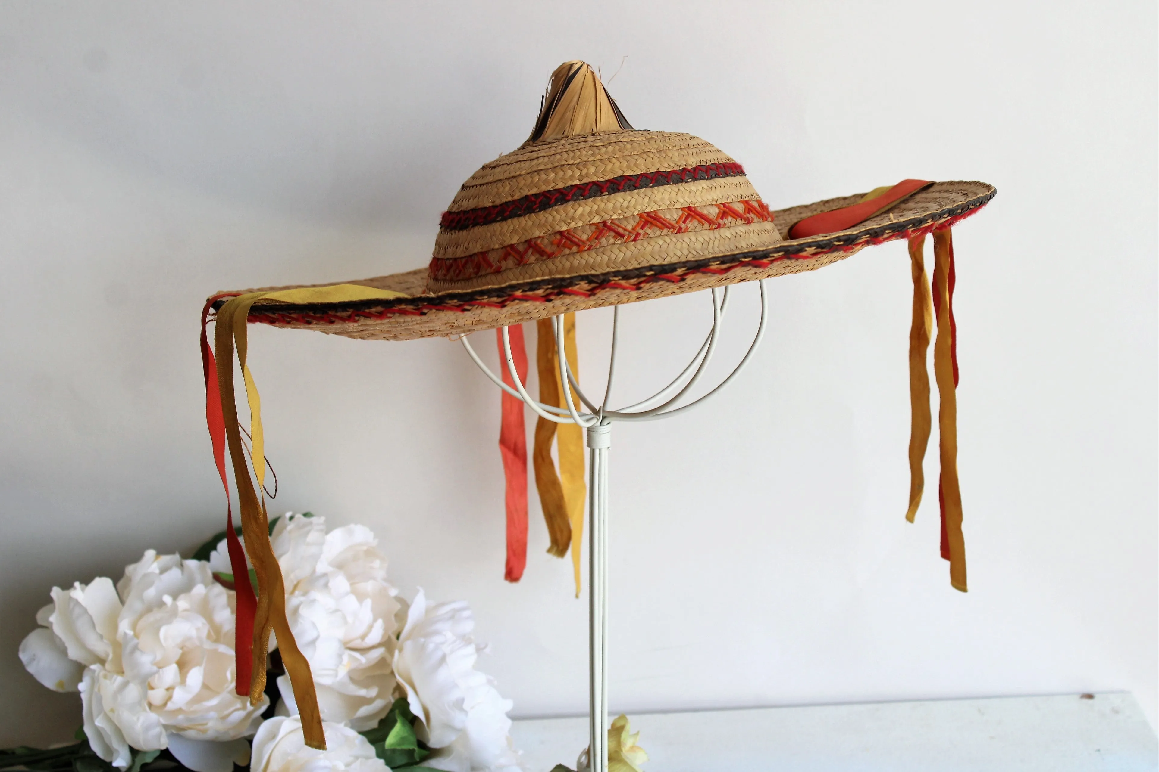 Vintage 1950s Woven Asian Conical Straw Hat