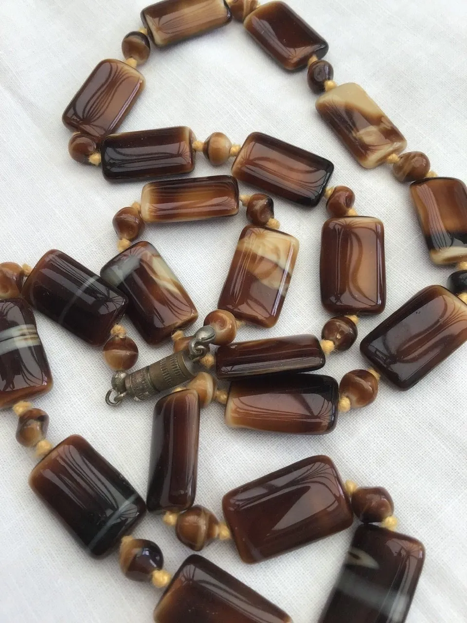 Vintage Caramel Banded Agate Lozenge Bead Necklace