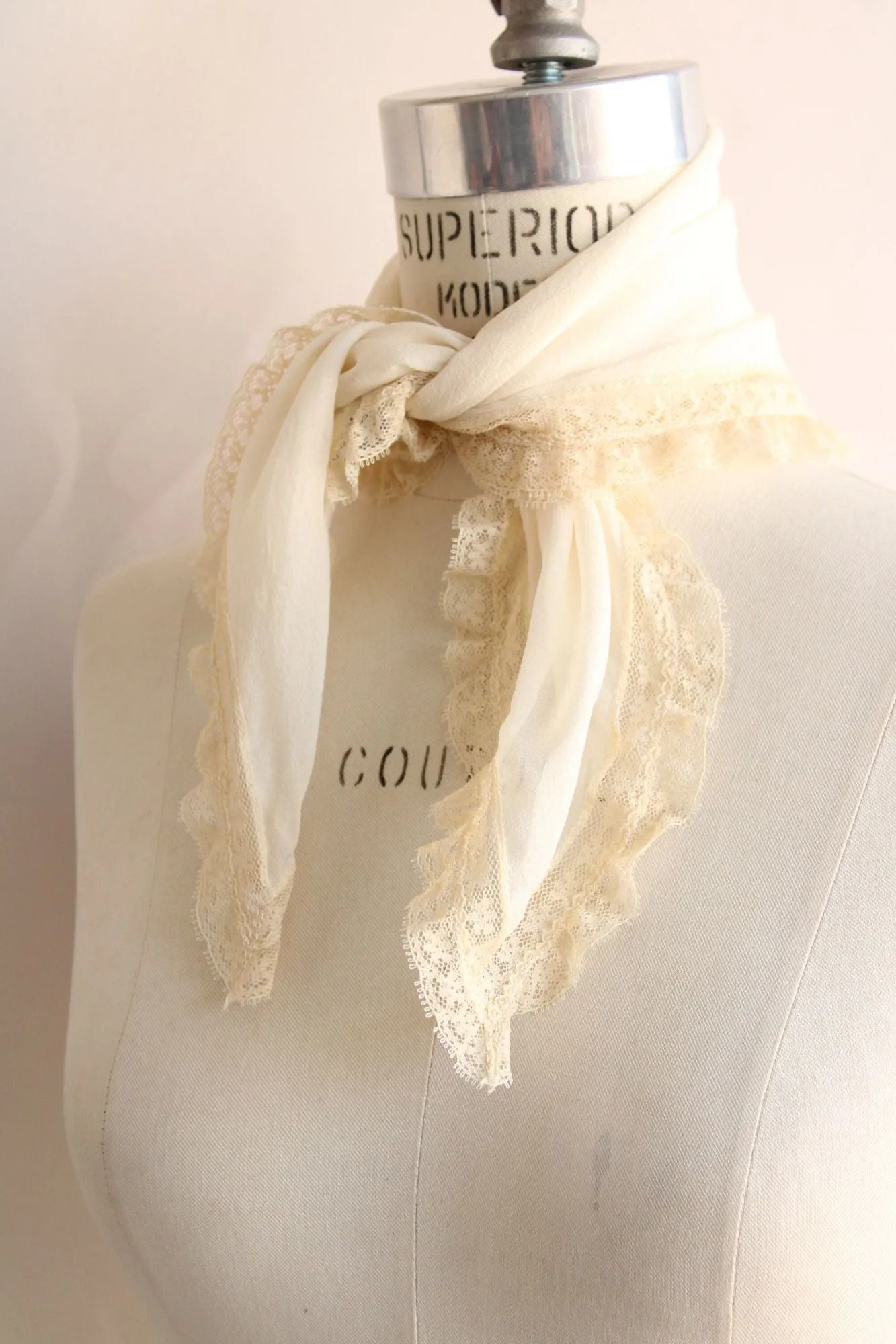 Vintage Saks Fifth Avenue Ivory Silk Chiffon and Cream Lace Scarf