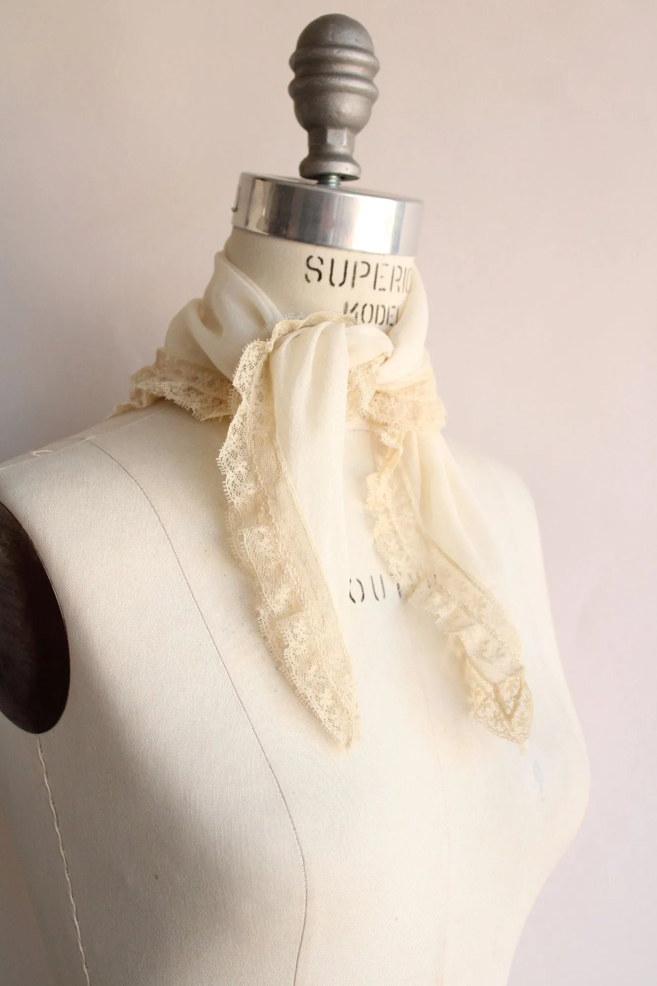 Vintage Saks Fifth Avenue Ivory Silk Chiffon and Cream Lace Scarf