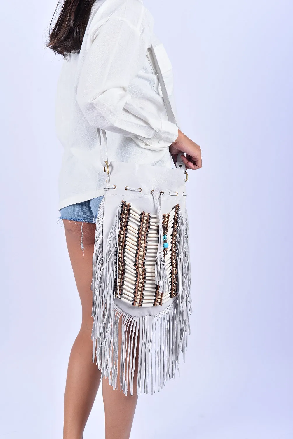 WHITE Large Size Boho Leather Bag with Fringes and Bone Choker.