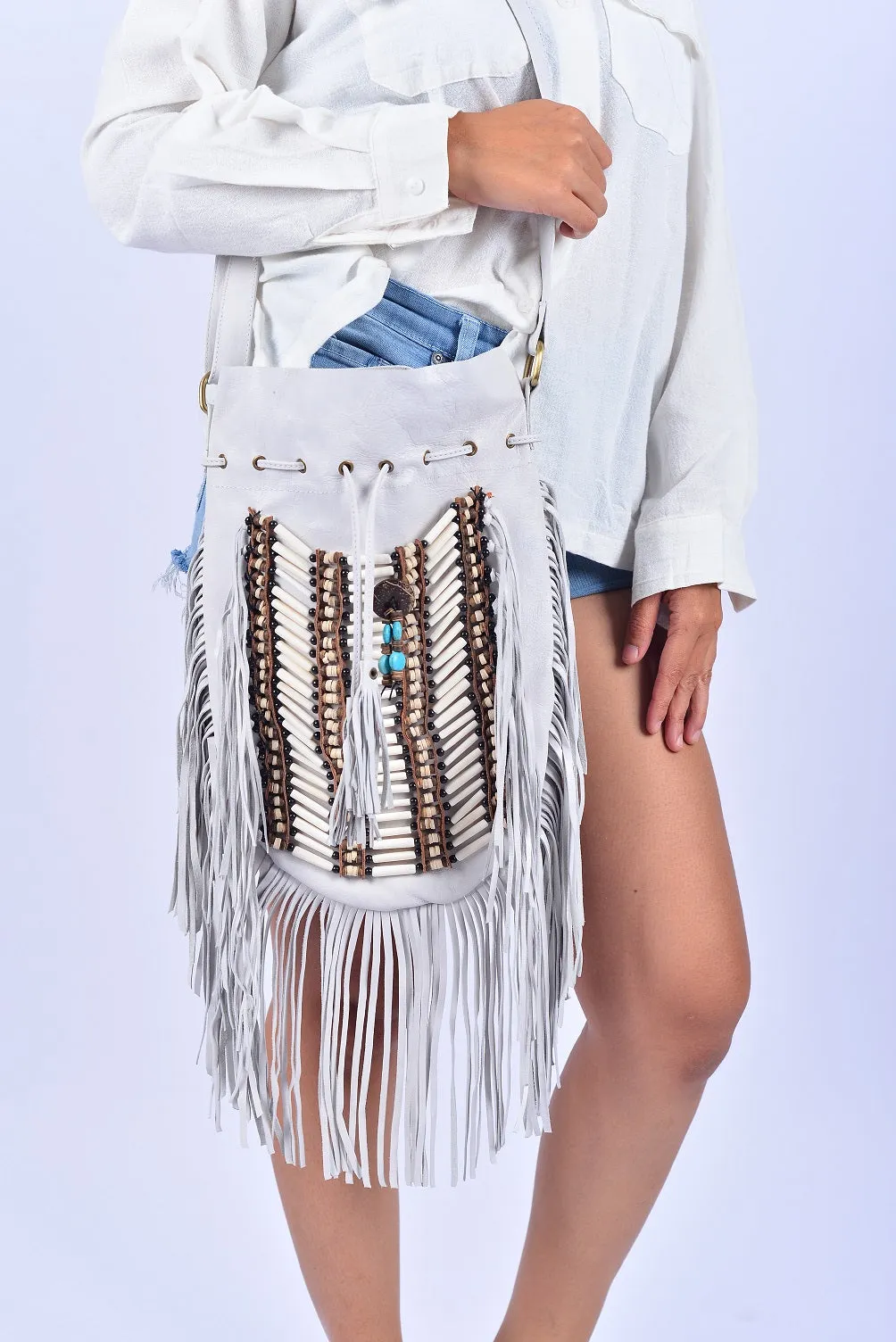 WHITE Large Size Boho Leather Bag with Fringes and Bone Choker.