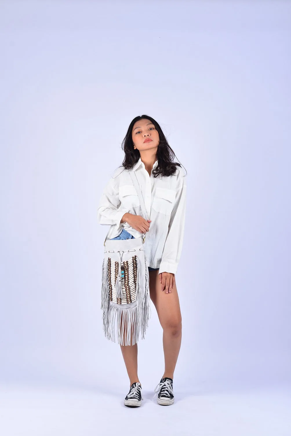 WHITE Large Size Boho Leather Bag with Fringes and Bone Choker.