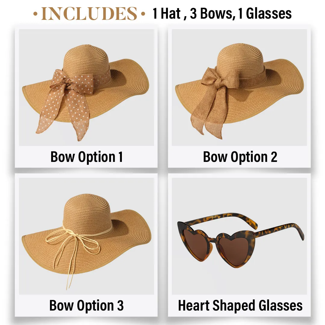 Wide Brim Sun Hats for Women - Floppy Straw Hat with Heart Shape Glasses - Foldable Large Summer Hat - Big Roll Up Beach Cap - UPF 50  ( Khaki ) - FUNCREDIBLE