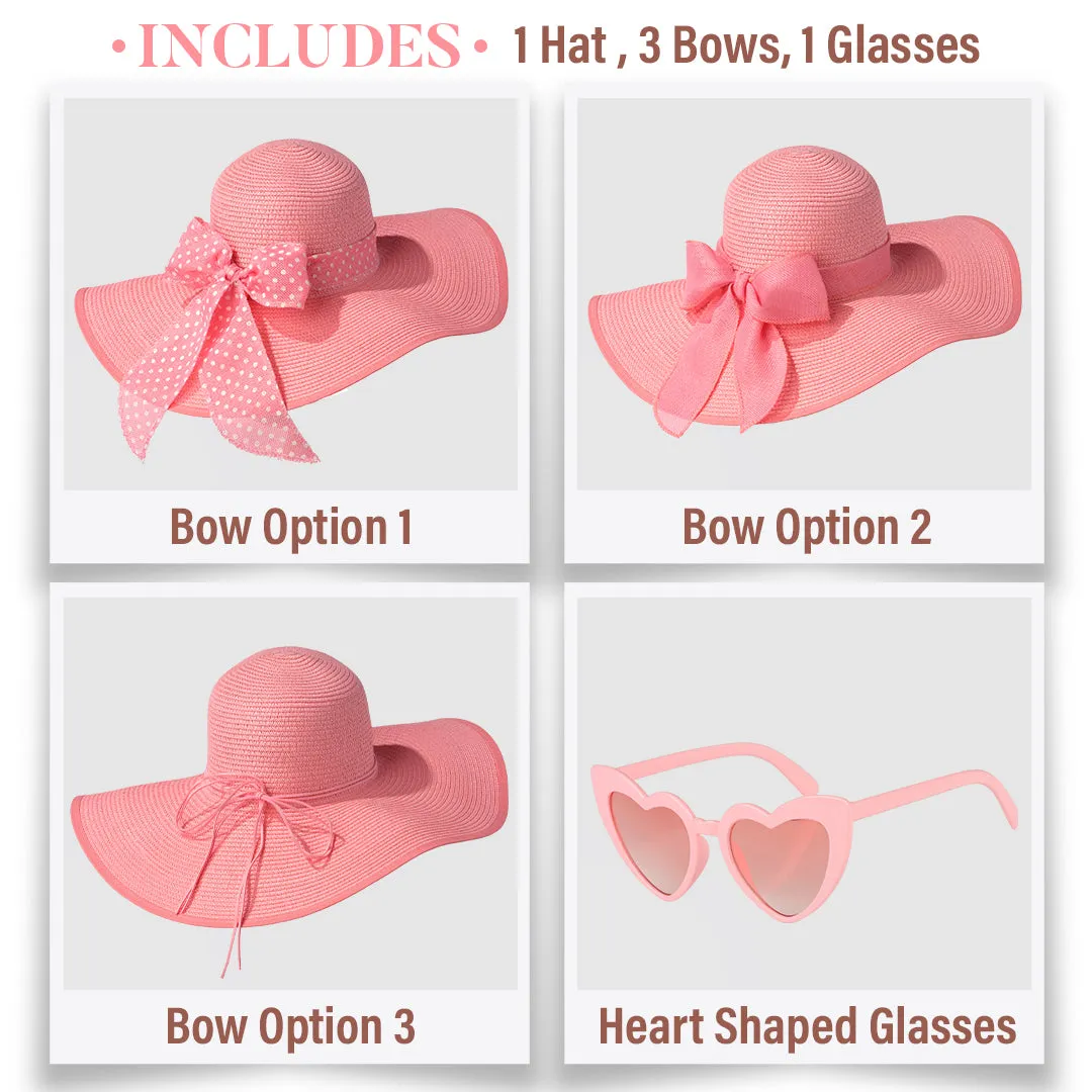 Wide Brim Sun Hats for Women - Floppy Straw Hat with Heart Shape Glasses - Foldable Large Summer Hat - Big Roll Up Beach Cap - UPF 50  ( Pink ) - FUNCREDIBLE