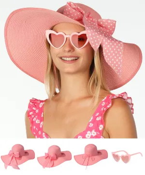 Wide Brim Sun Hats for Women - Floppy Straw Hat with Heart Shape Glasses - Foldable Large Summer Hat - Big Roll Up Beach Cap - UPF 50  ( Pink ) - FUNCREDIBLE