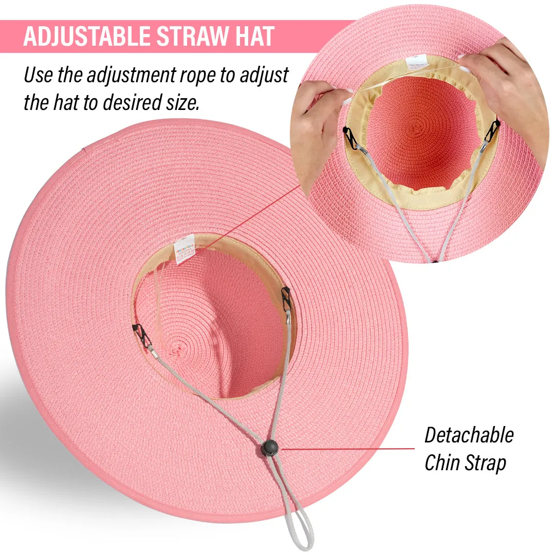 Wide Brim Sun Hats for Women - Floppy Straw Hat with Heart Shape Glasses - Foldable Large Summer Hat - Big Roll Up Beach Cap - UPF 50  ( Pink ) - FUNCREDIBLE