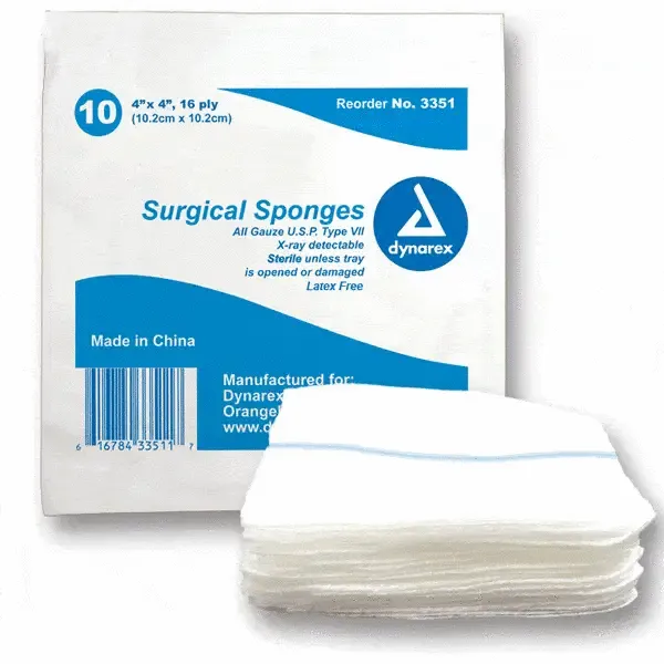 X-Ray Detectable Surgical Gauze Sponges Sterile 4 x 4, 16 ply USP Type VII