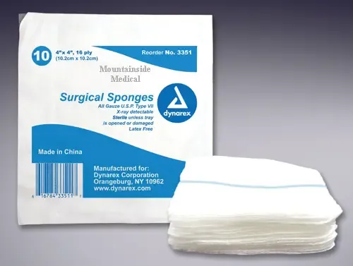 X-Ray Detectable Surgical Gauze Sponges Sterile 4 x 4, 16 ply USP Type VII